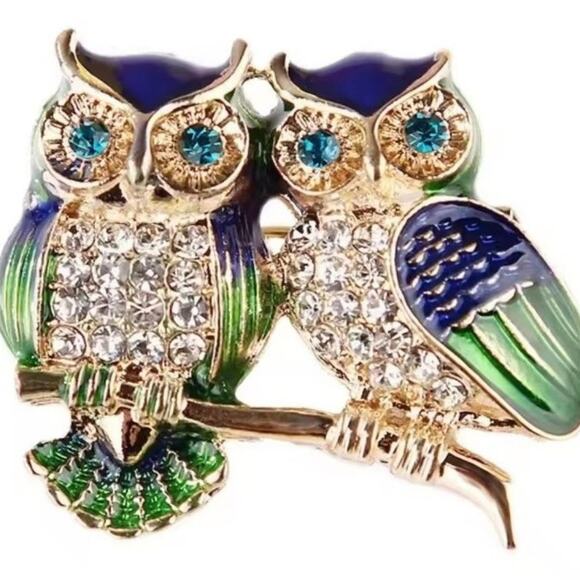 Vintage Cartier 18K Turquoise, Emerald, and Diamond Owl  Gold Owl Brooch CZ Diamond Blue Green Women\'s Vtg Boho Valentine Birthday Gift